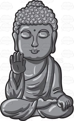 A statue of a religious icon called the Buddha, in silver and wearing a beaded headdress, eyes closed and right hand lifted with palms facing ahead